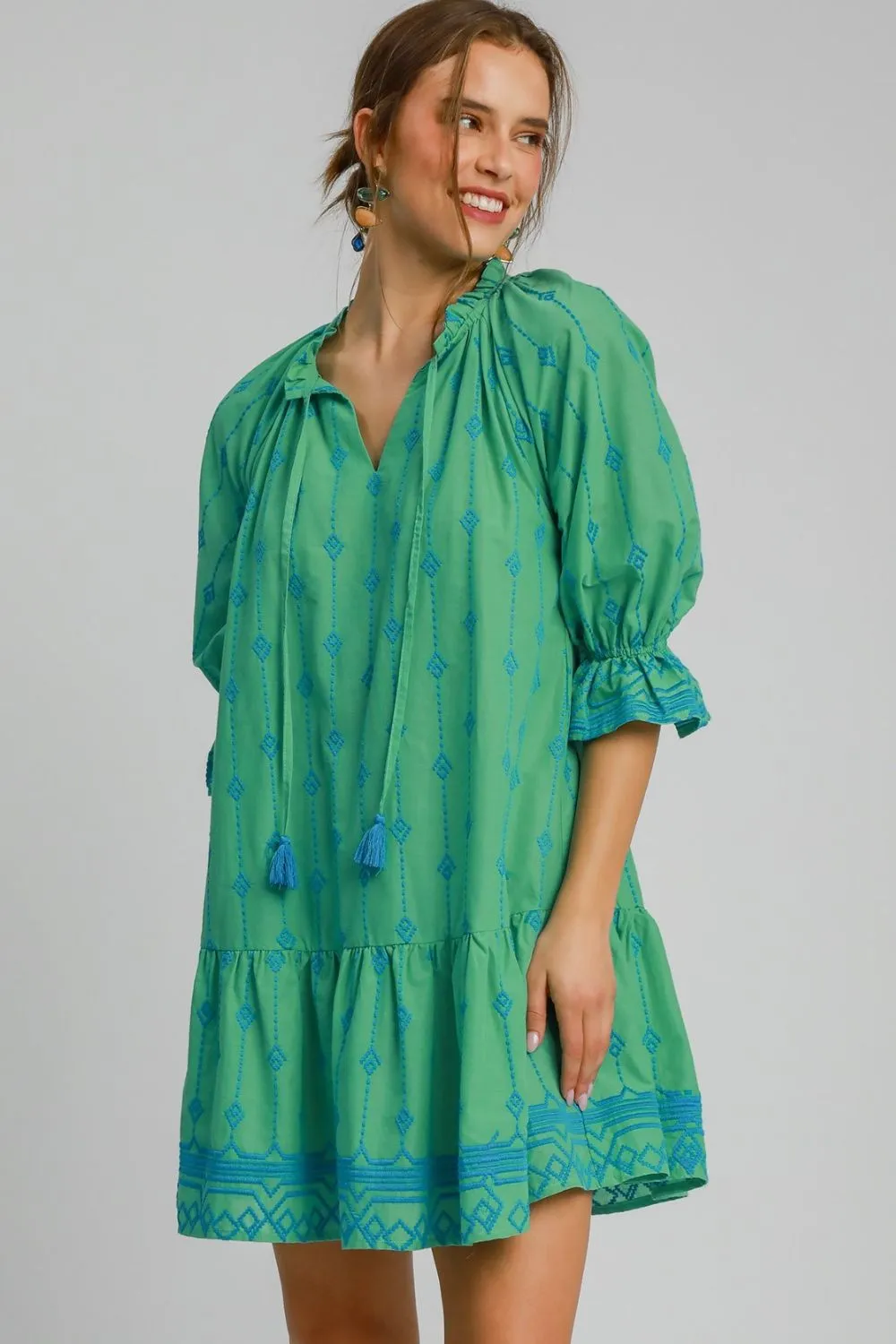 Umgee Tassel Embroidered Flounce Sleeve Mini Dress