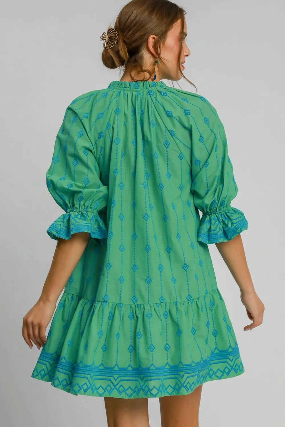Umgee Tassel Embroidered Flounce Sleeve Mini Dress