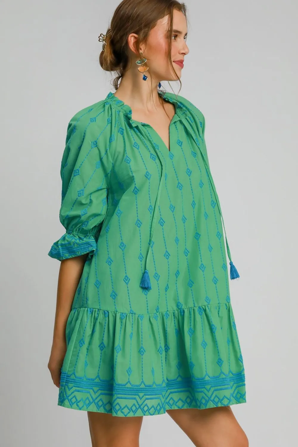 Umgee Tassel Embroidered Flounce Sleeve Mini Dress