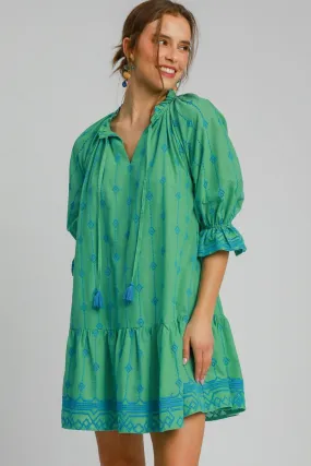Umgee Tassel Embroidered Flounce Sleeve Mini Dress