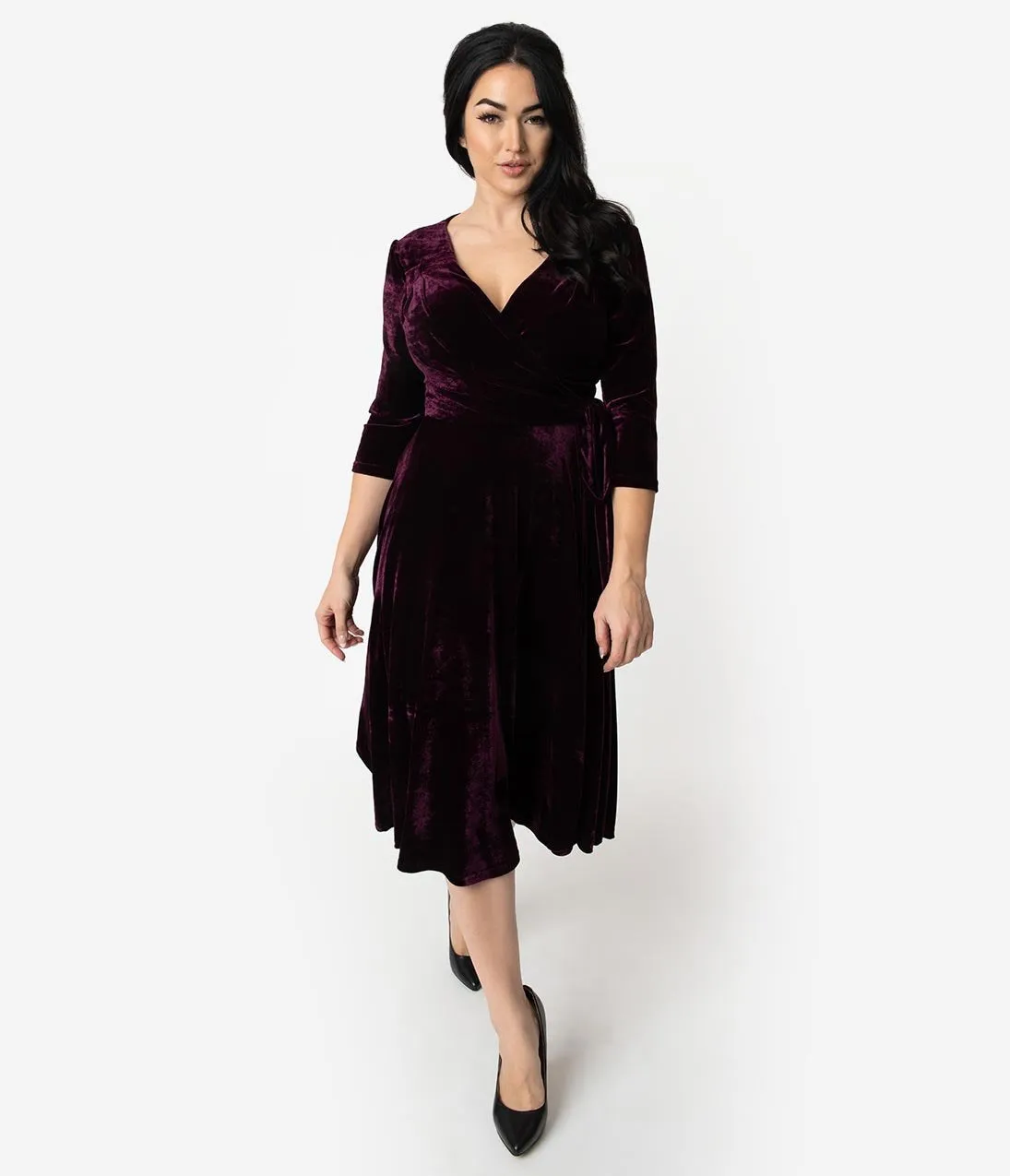 Unique Vintage 1940s Style Eggplant Purple Velvet Kelsie Wrap Dress