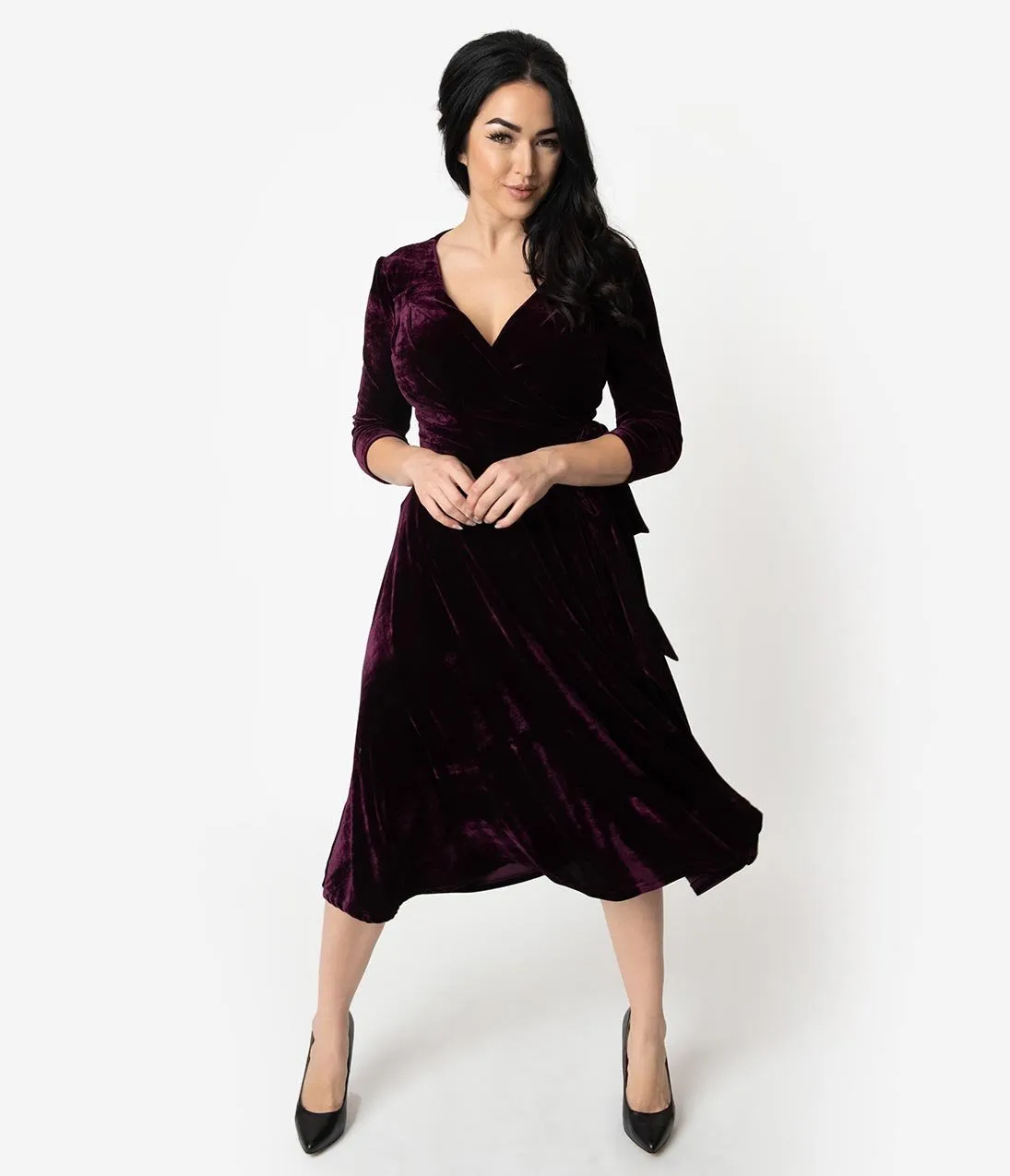 Unique Vintage 1940s Style Eggplant Purple Velvet Kelsie Wrap Dress