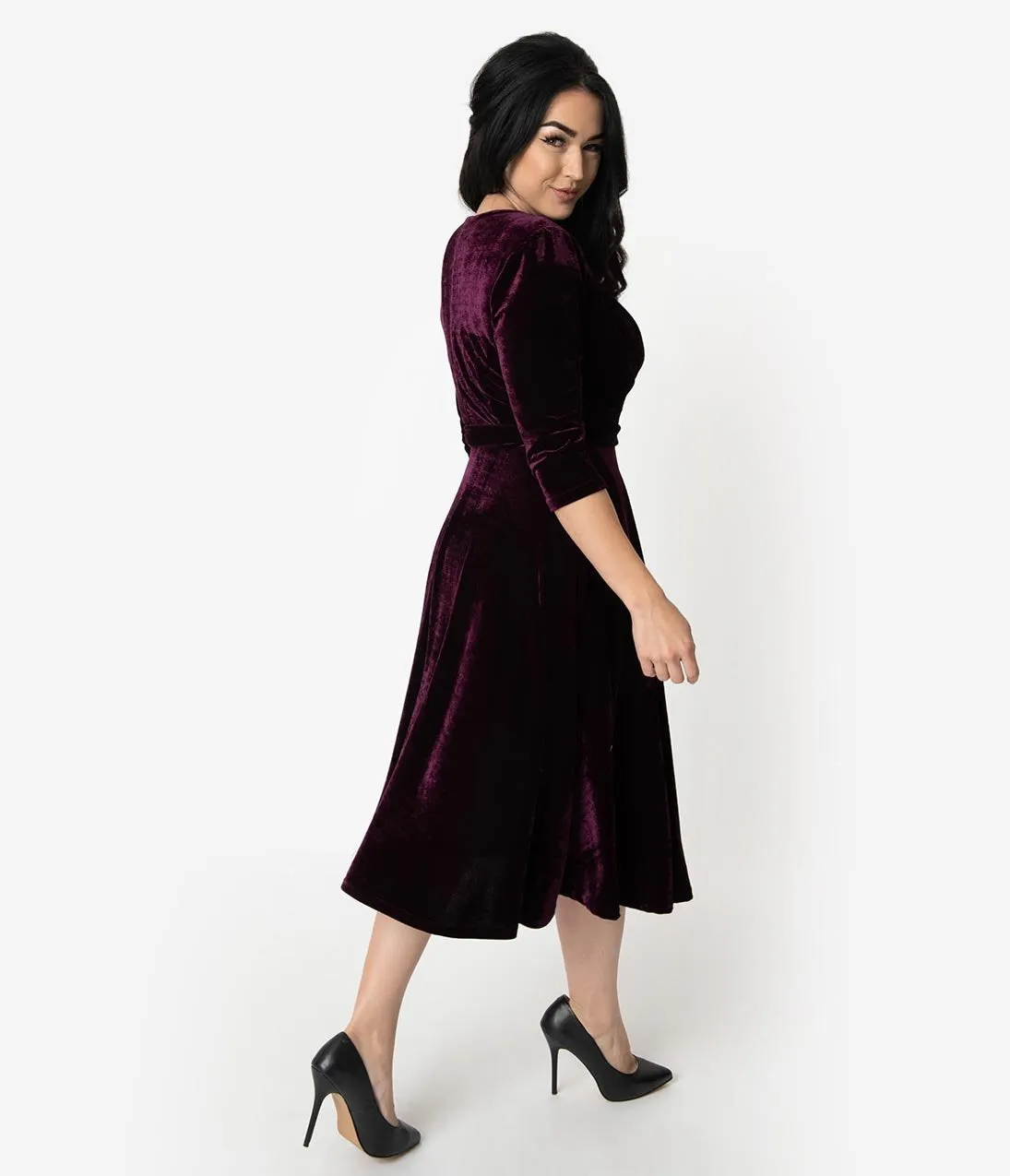 Unique Vintage 1940s Style Eggplant Purple Velvet Kelsie Wrap Dress