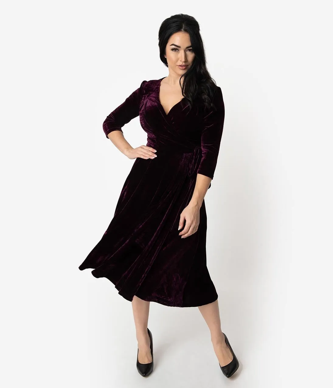 Unique Vintage 1940s Style Eggplant Purple Velvet Kelsie Wrap Dress