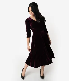 Unique Vintage 1940s Style Eggplant Purple Velvet Kelsie Wrap Dress