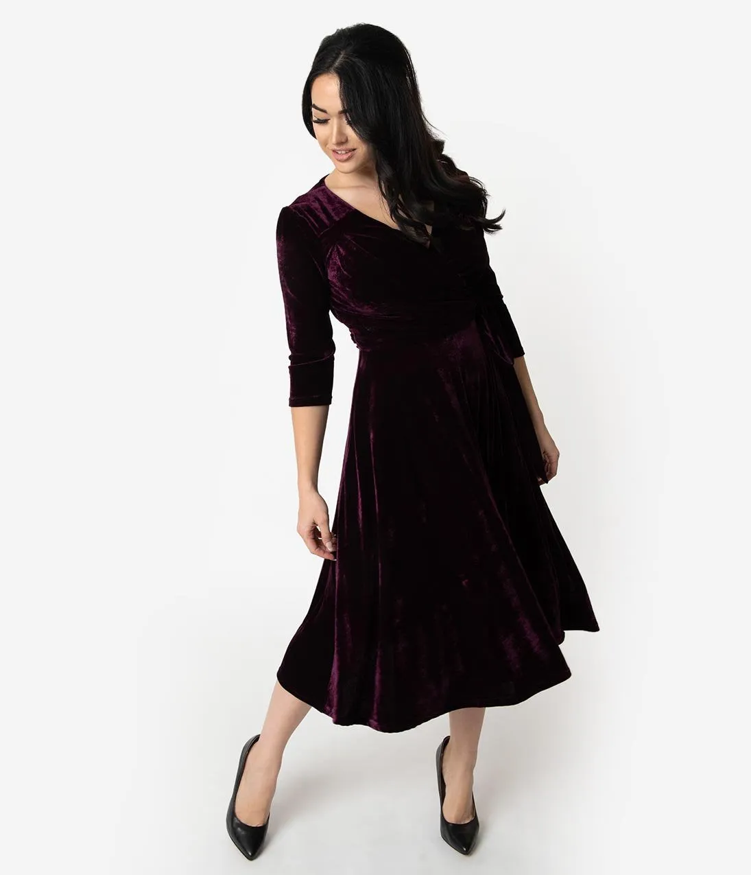Unique Vintage 1940s Style Eggplant Purple Velvet Kelsie Wrap Dress
