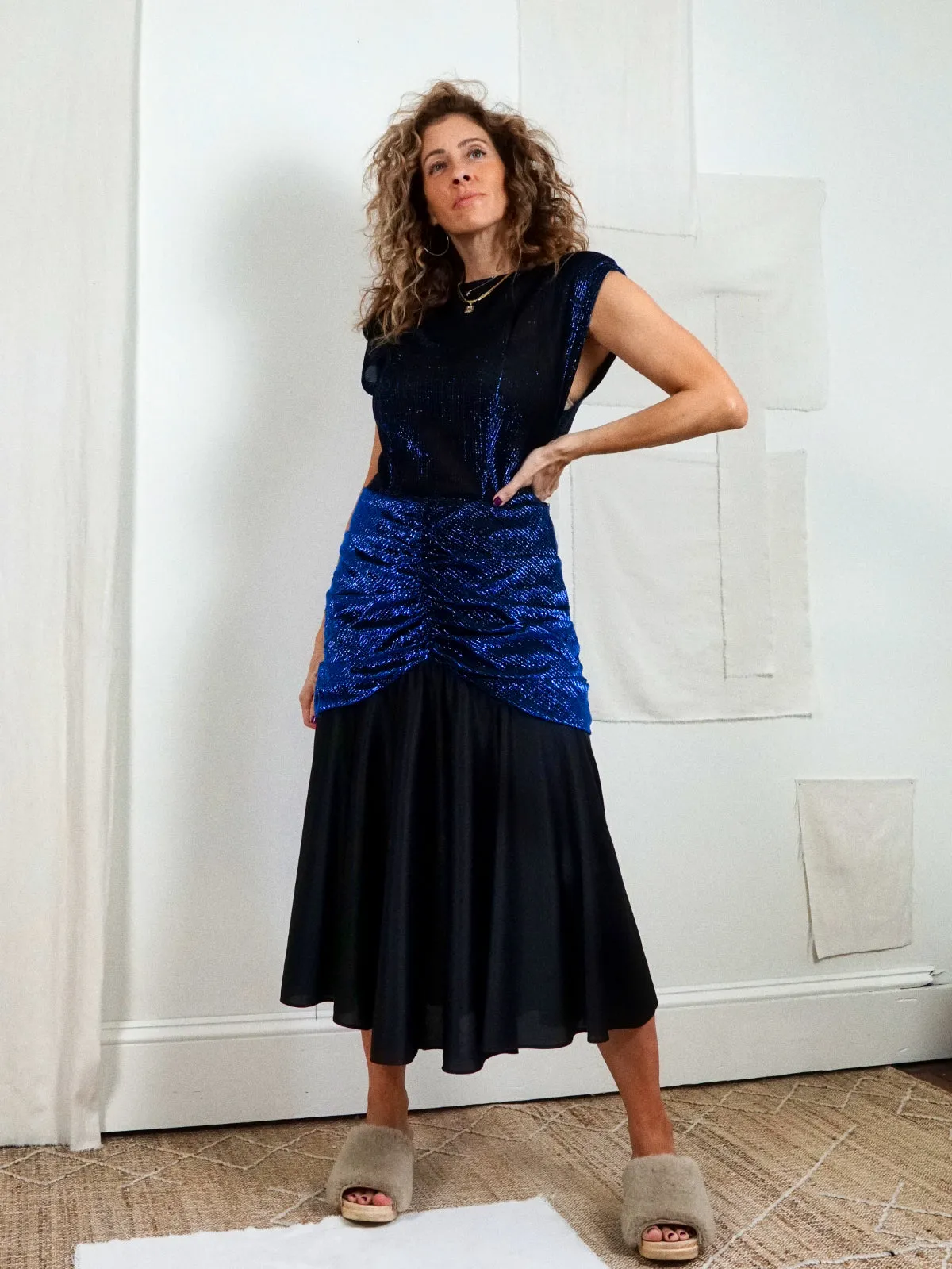 Vintage Metallic Blue Drop Waist Dress