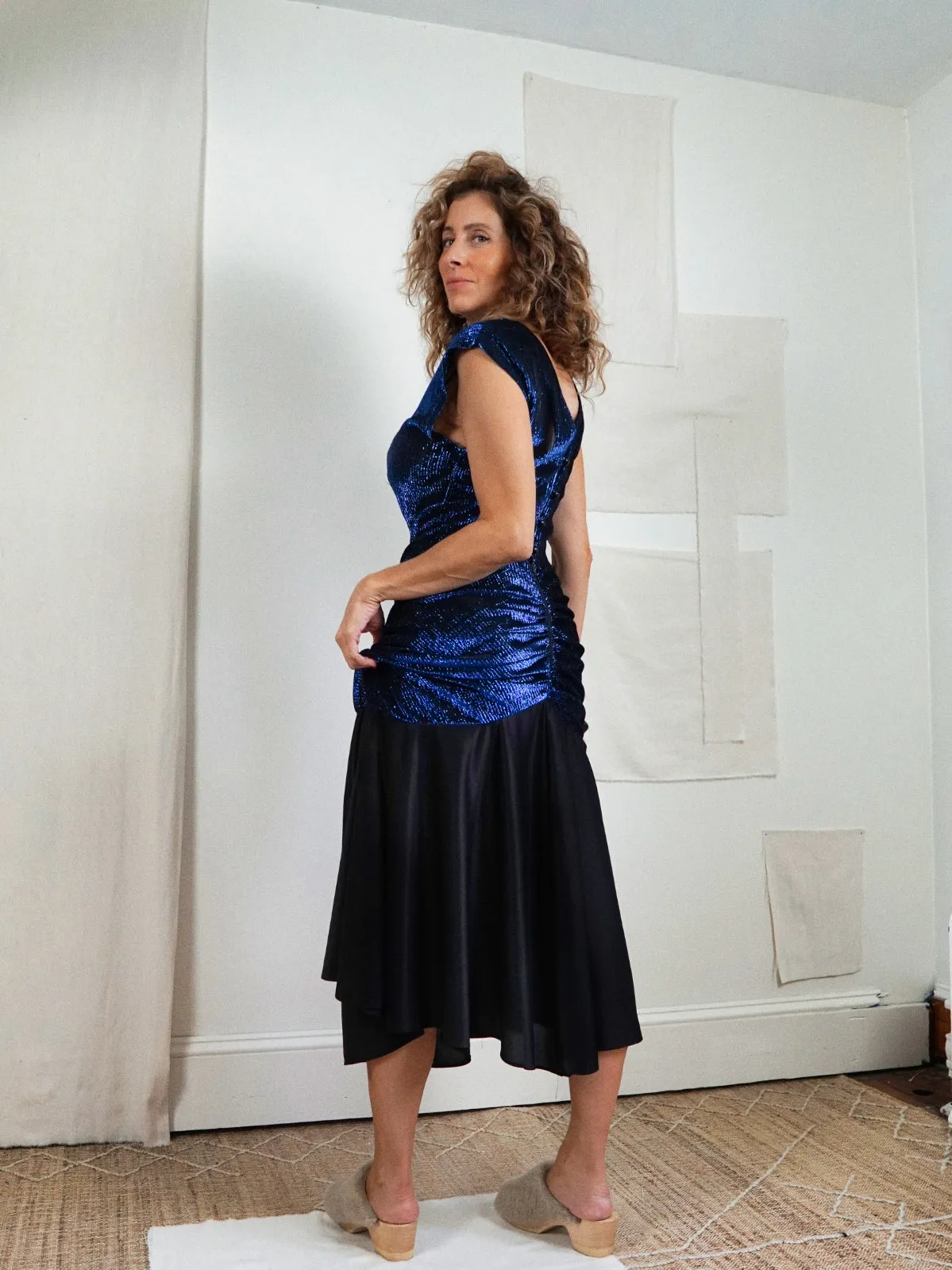 Vintage Metallic Blue Drop Waist Dress