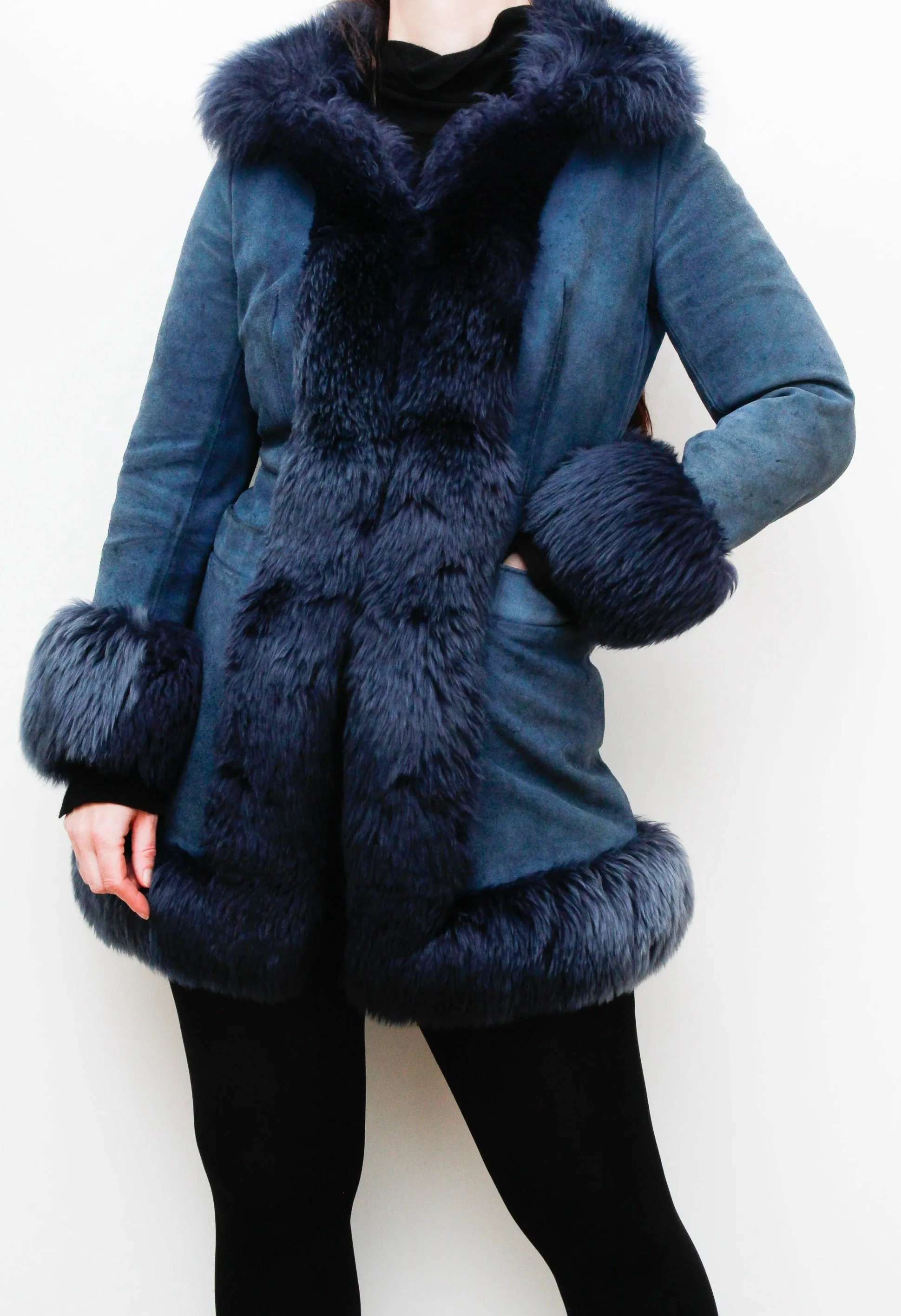 Vintage Rare Blue 1970's Afghan Sheepskin Maxi Coat
