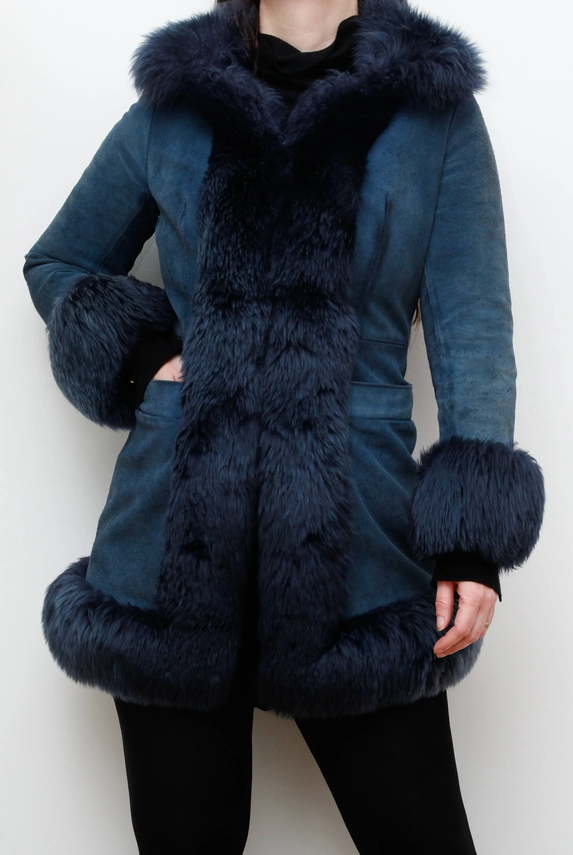 Vintage Rare Blue 1970's Afghan Sheepskin Maxi Coat