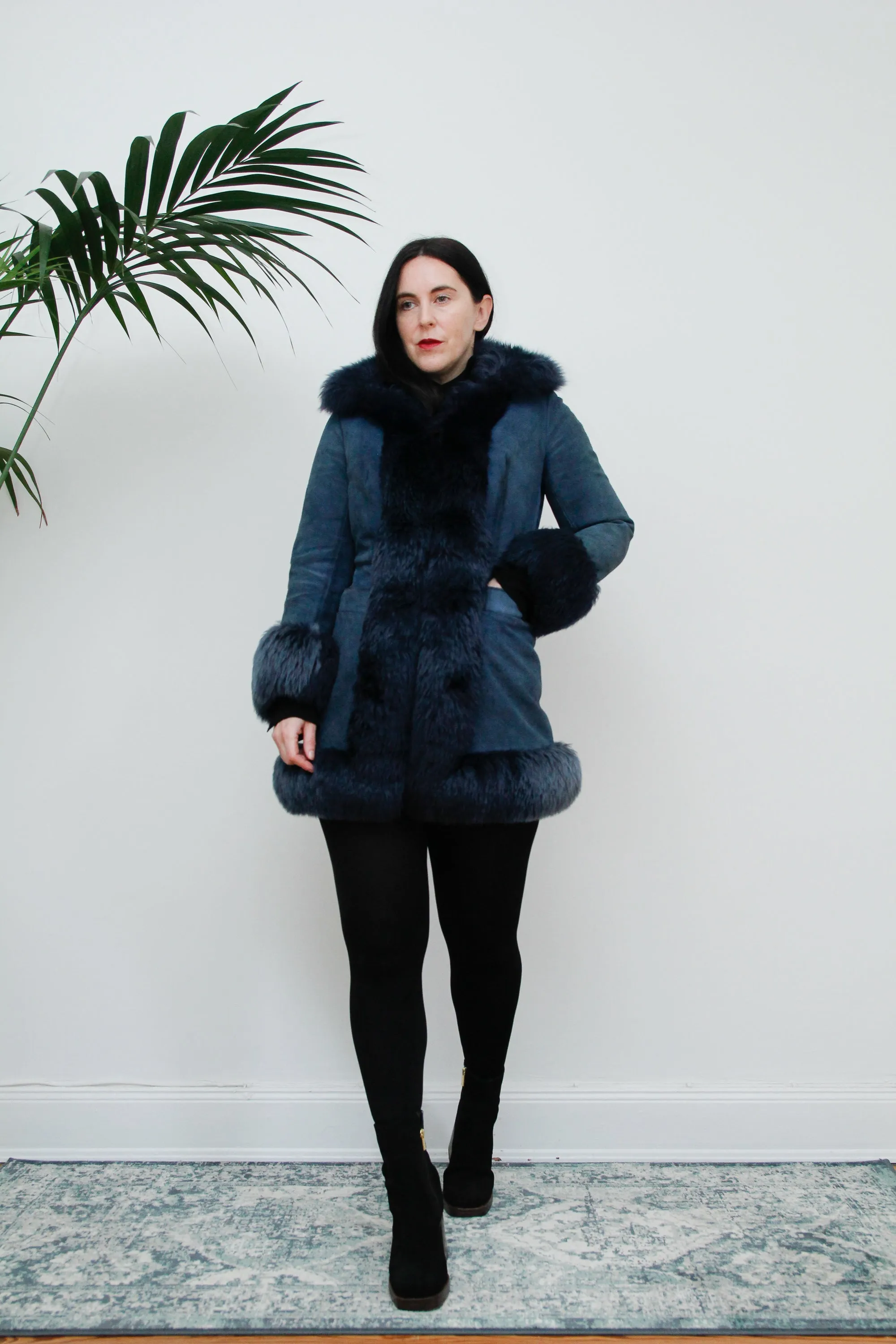 Vintage Rare Blue 1970's Afghan Sheepskin Maxi Coat