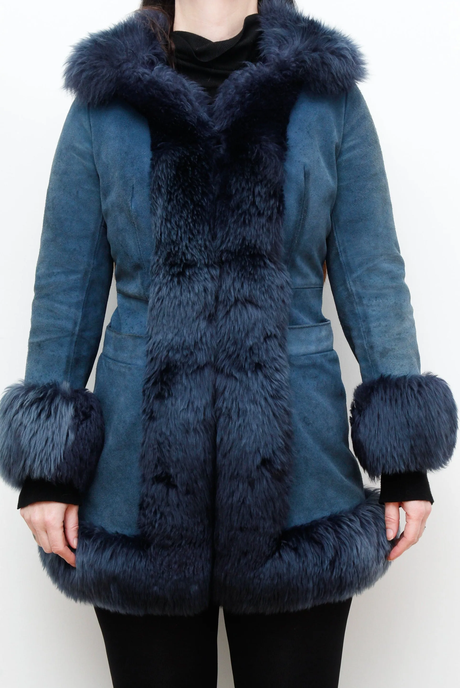 Vintage Rare Blue 1970's Afghan Sheepskin Maxi Coat