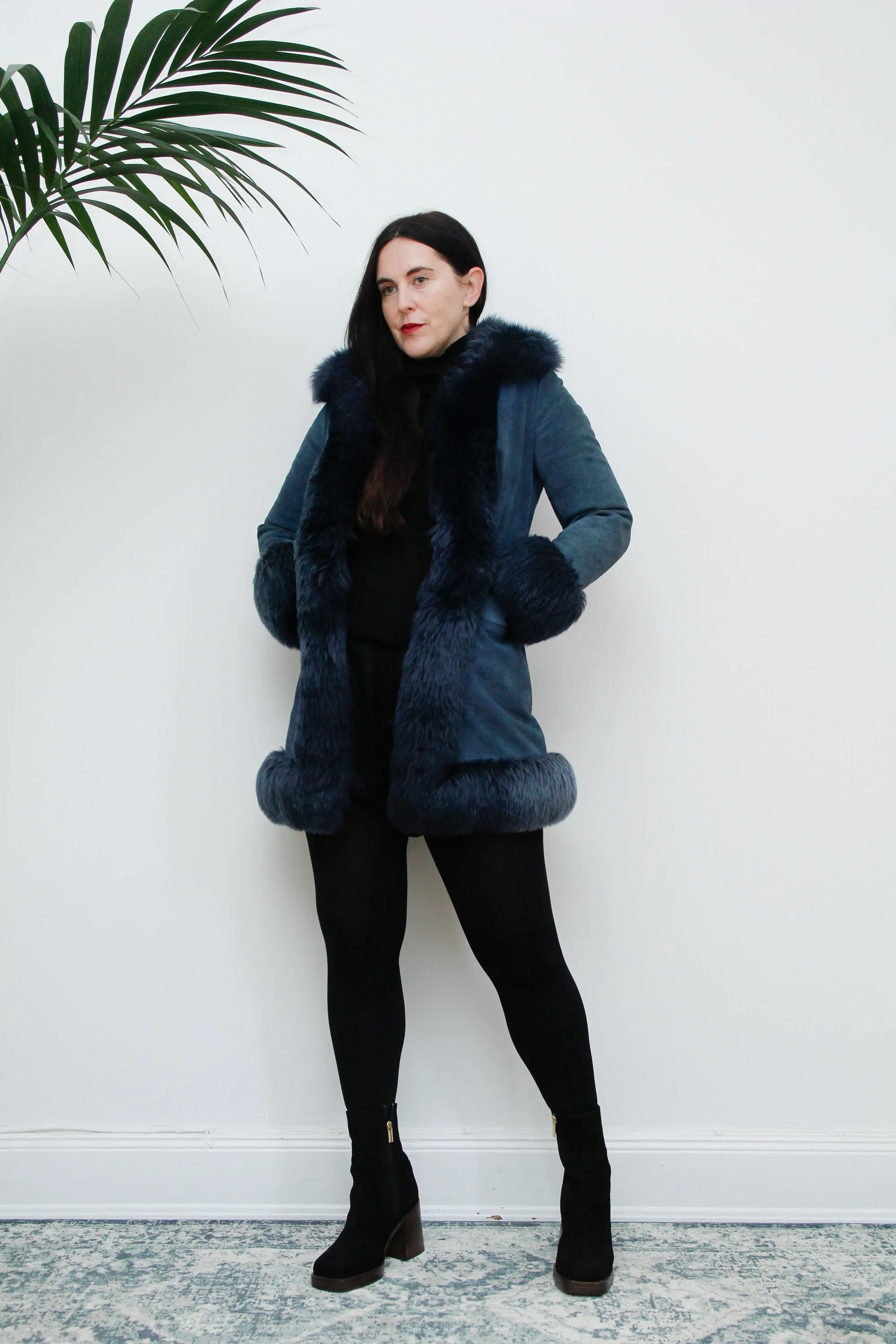 Vintage Rare Blue 1970's Afghan Sheepskin Maxi Coat
