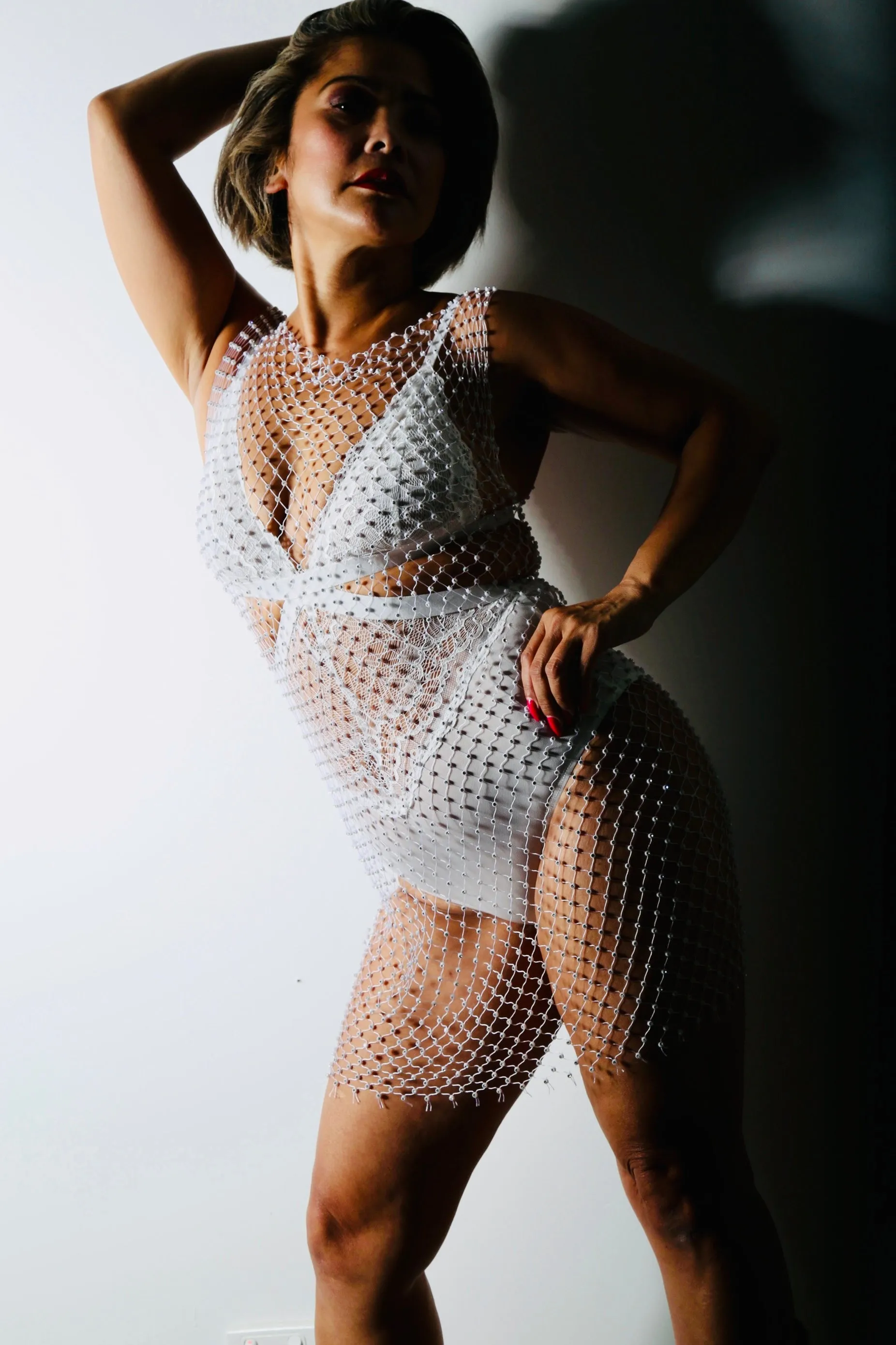 White Rhinestone Mesh Dress