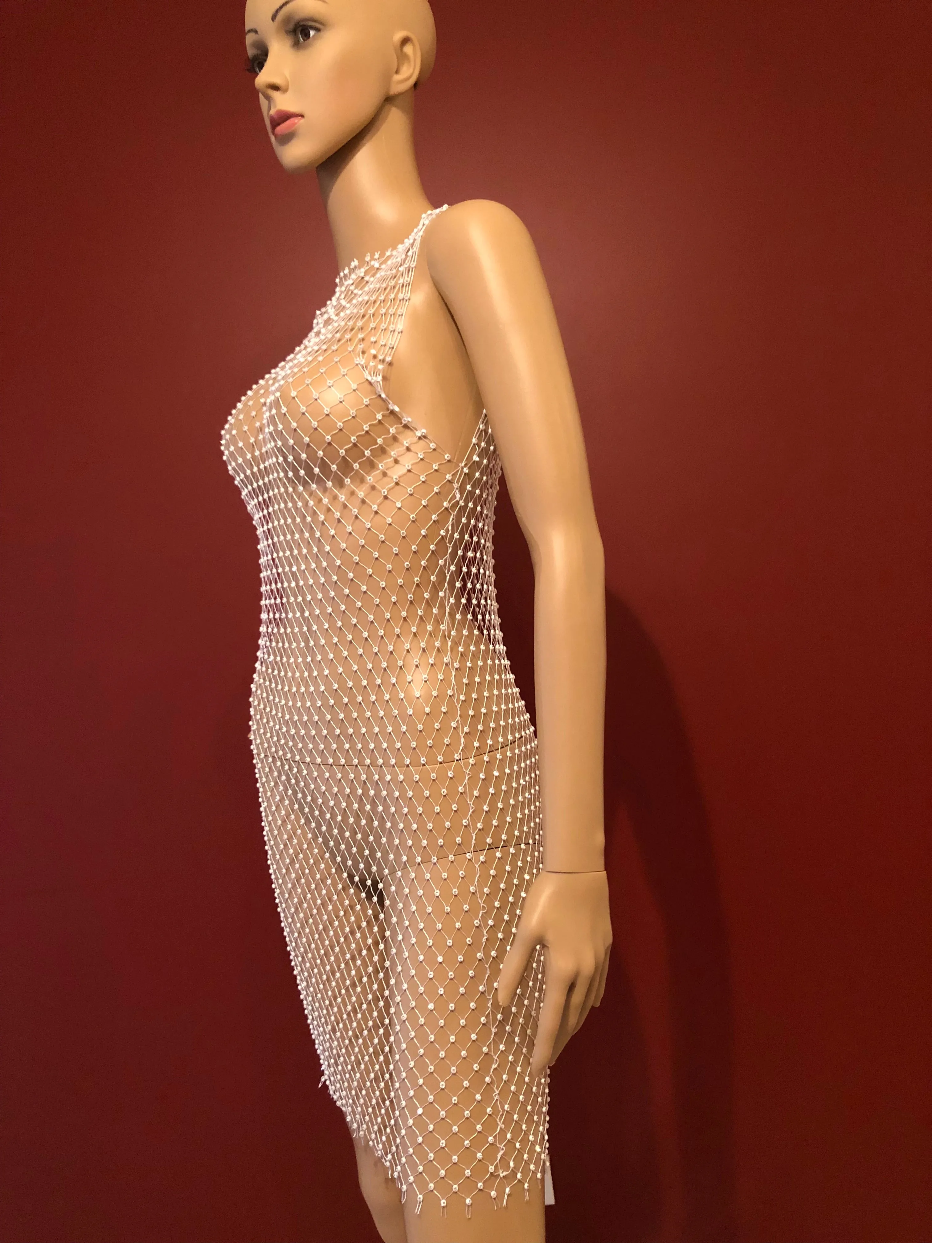 White Rhinestone Mesh Dress