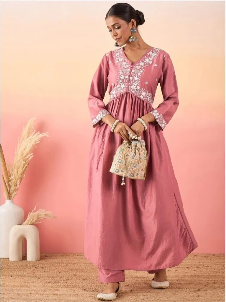 Women Floral Yoke Design Empire Thread Work Kurta with Trousers