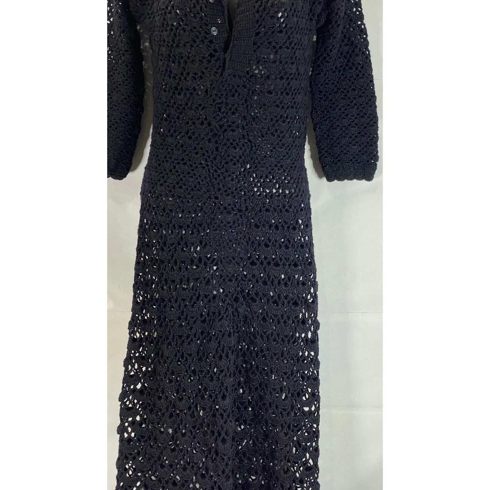 Women's Black Crochet Knit 3/4 Sleeve Henley Pullover Maxi Dress SZ M