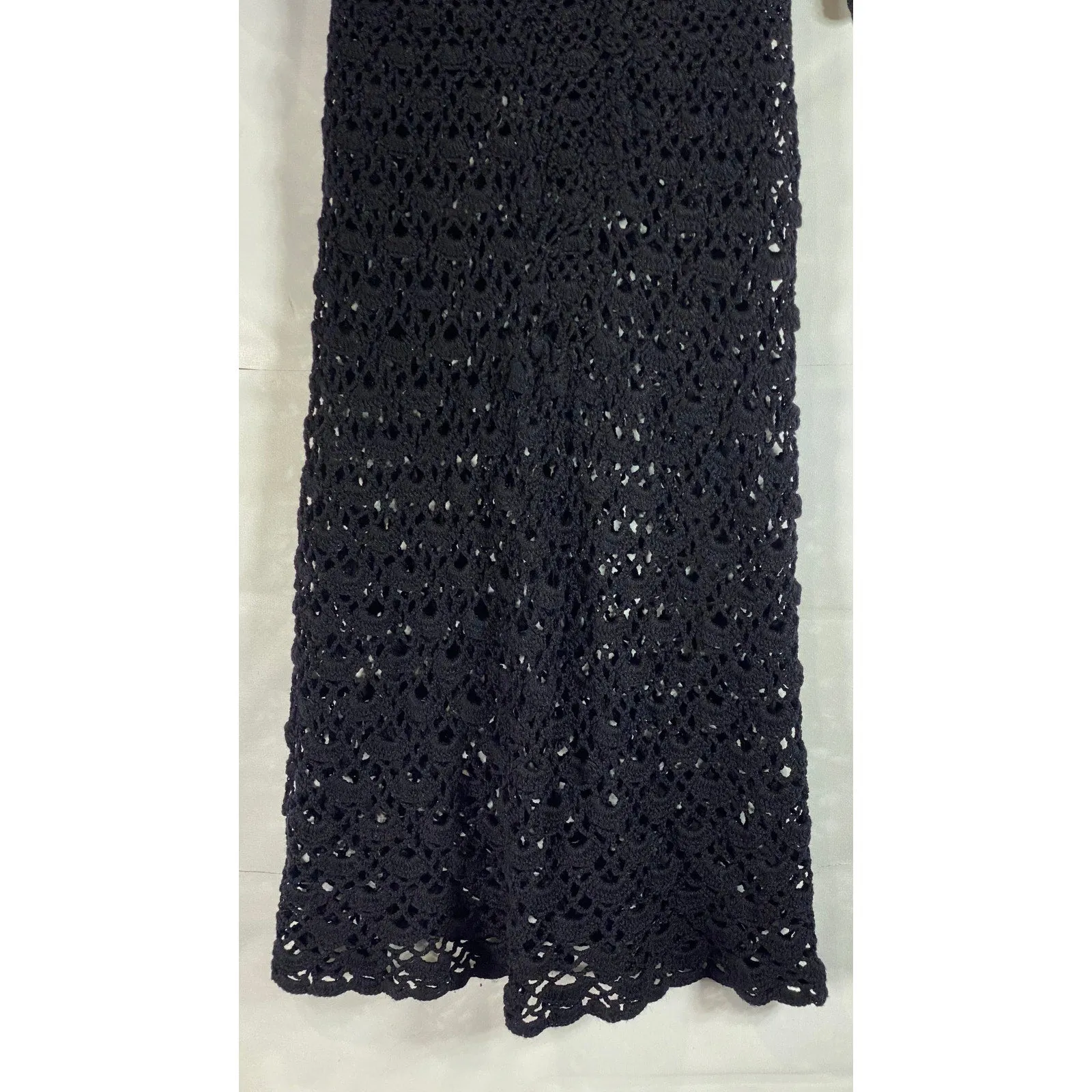 Women's Black Crochet Knit 3/4 Sleeve Henley Pullover Maxi Dress SZ M