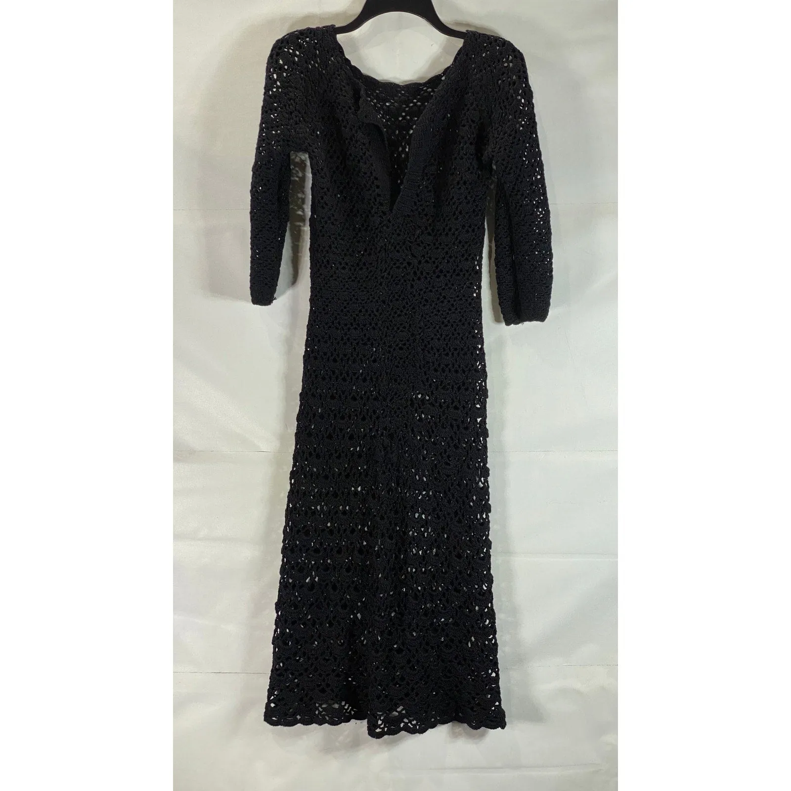 Women's Black Crochet Knit 3/4 Sleeve Henley Pullover Maxi Dress SZ M