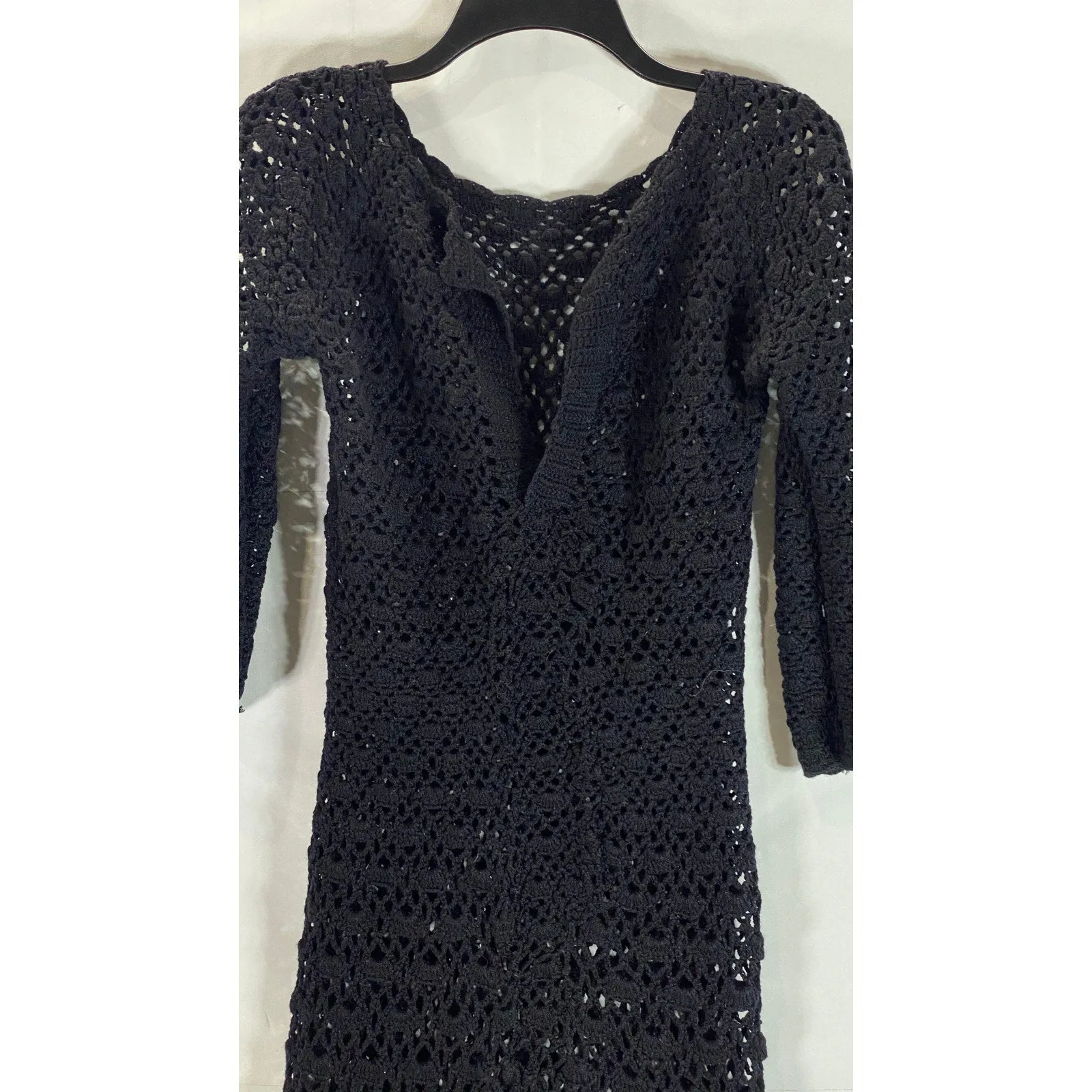 Women's Black Crochet Knit 3/4 Sleeve Henley Pullover Maxi Dress SZ M