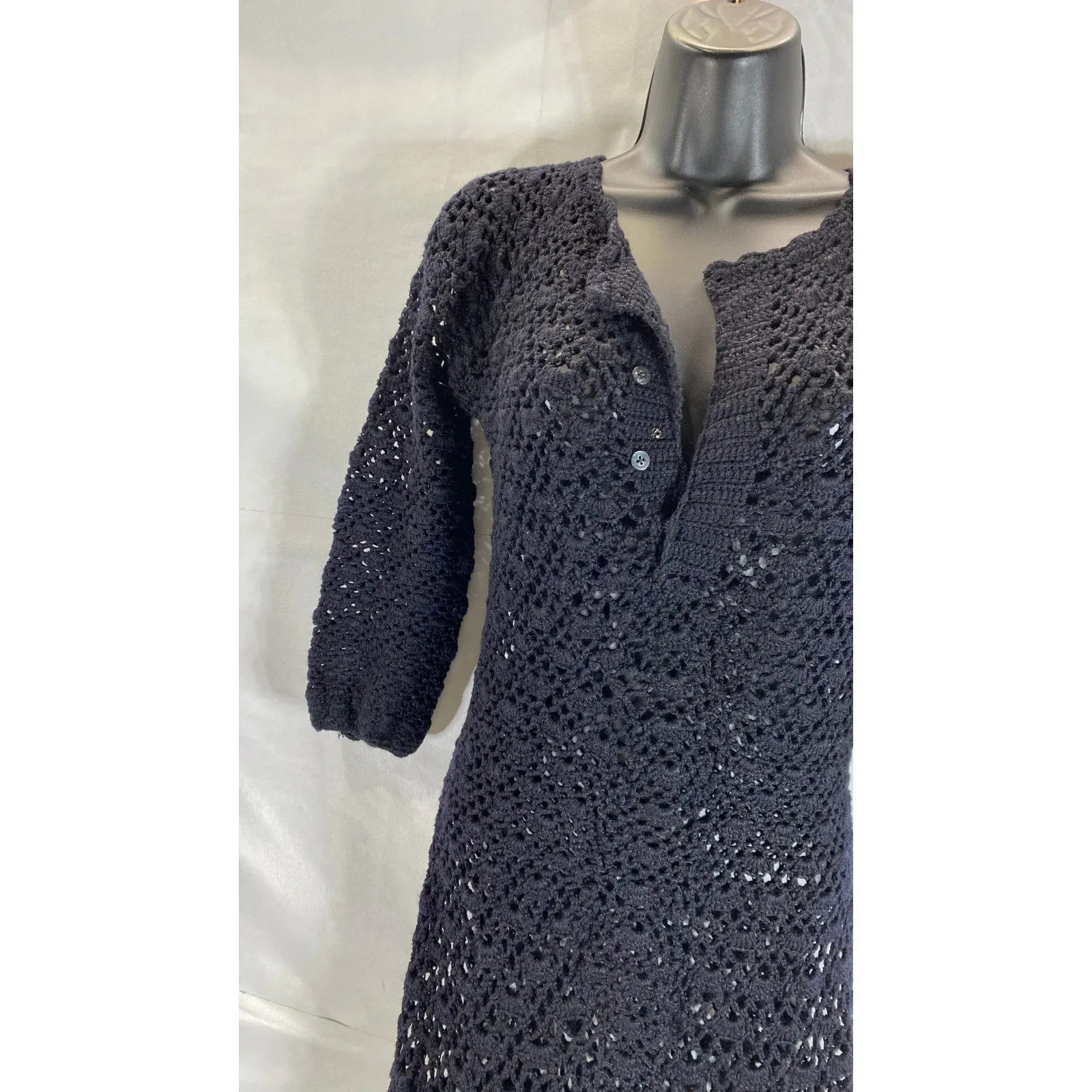 Women's Black Crochet Knit 3/4 Sleeve Henley Pullover Maxi Dress SZ M