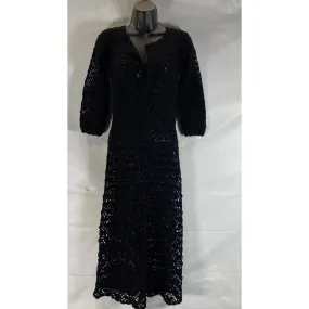 Women's Black Crochet Knit 3/4 Sleeve Henley Pullover Maxi Dress SZ M