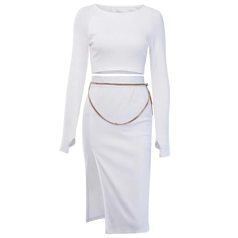 Women's Elastic Ribbed Knitted Long Sleeve Two-Piece Dress