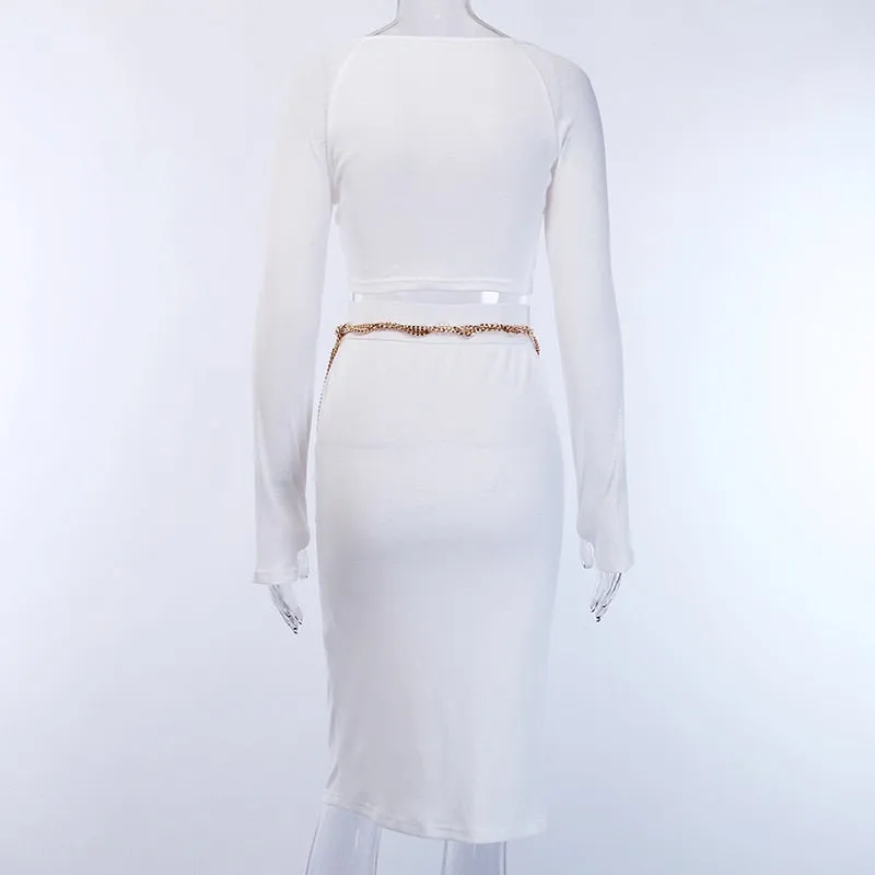 Women's Elastic Ribbed Knitted Long Sleeve Two-Piece Dress