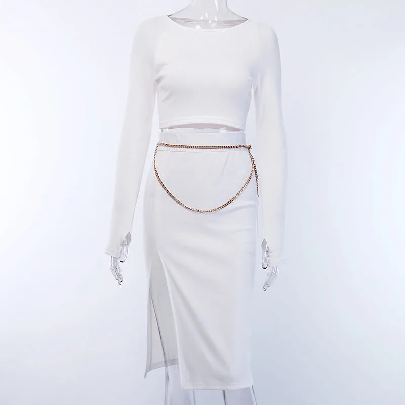 Women's Elastic Ribbed Knitted Long Sleeve Two-Piece Dress