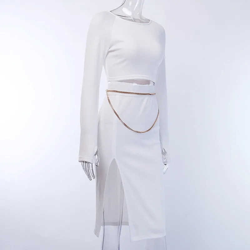 Women's Elastic Ribbed Knitted Long Sleeve Two-Piece Dress