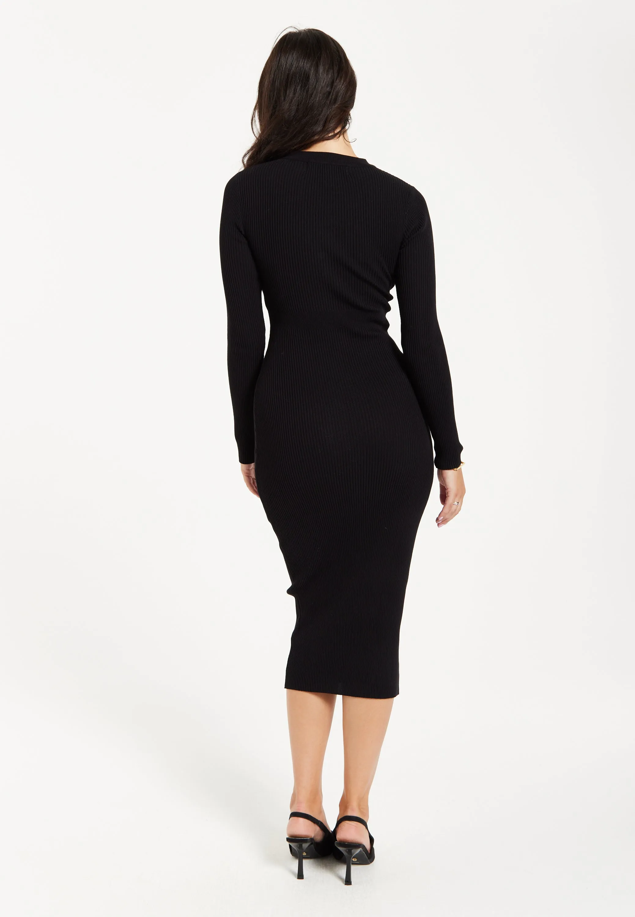 Women's Midi Dress with Long Sleeves and Cut Out Front in Black - Stylish Ribbed Knit by Liquorish