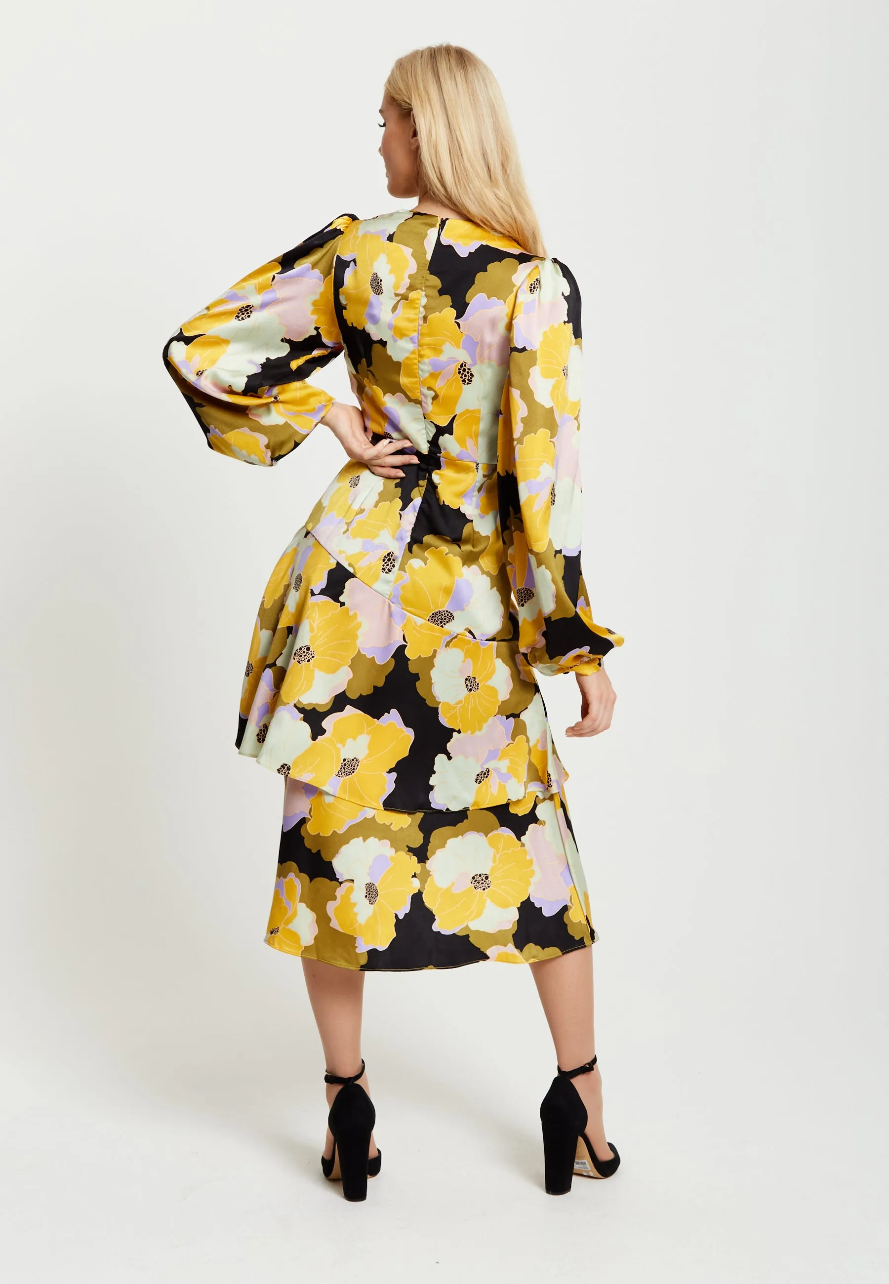 Women's Midi Wrap Dress in Earth Tone Floral with Long Balloon Sleeves & Frill Details - Liquorish