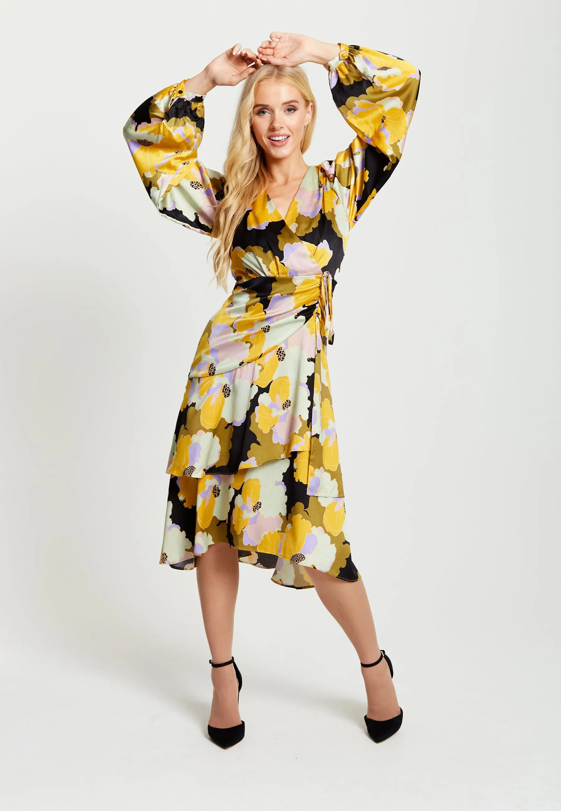 Women's Midi Wrap Dress in Earth Tone Floral with Long Balloon Sleeves & Frill Details - Liquorish