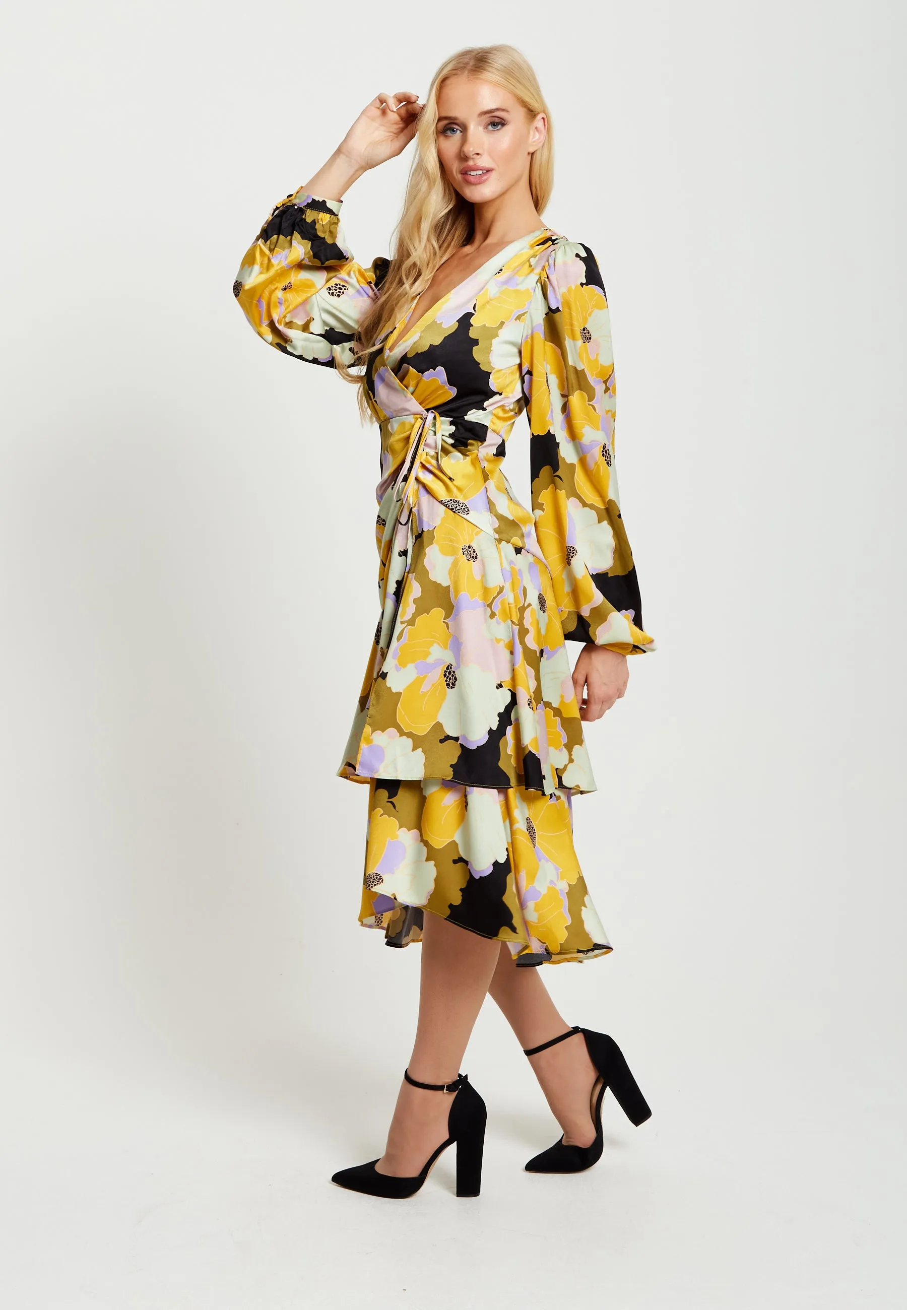 Women's Midi Wrap Dress in Earth Tone Floral with Long Balloon Sleeves & Frill Details - Liquorish
