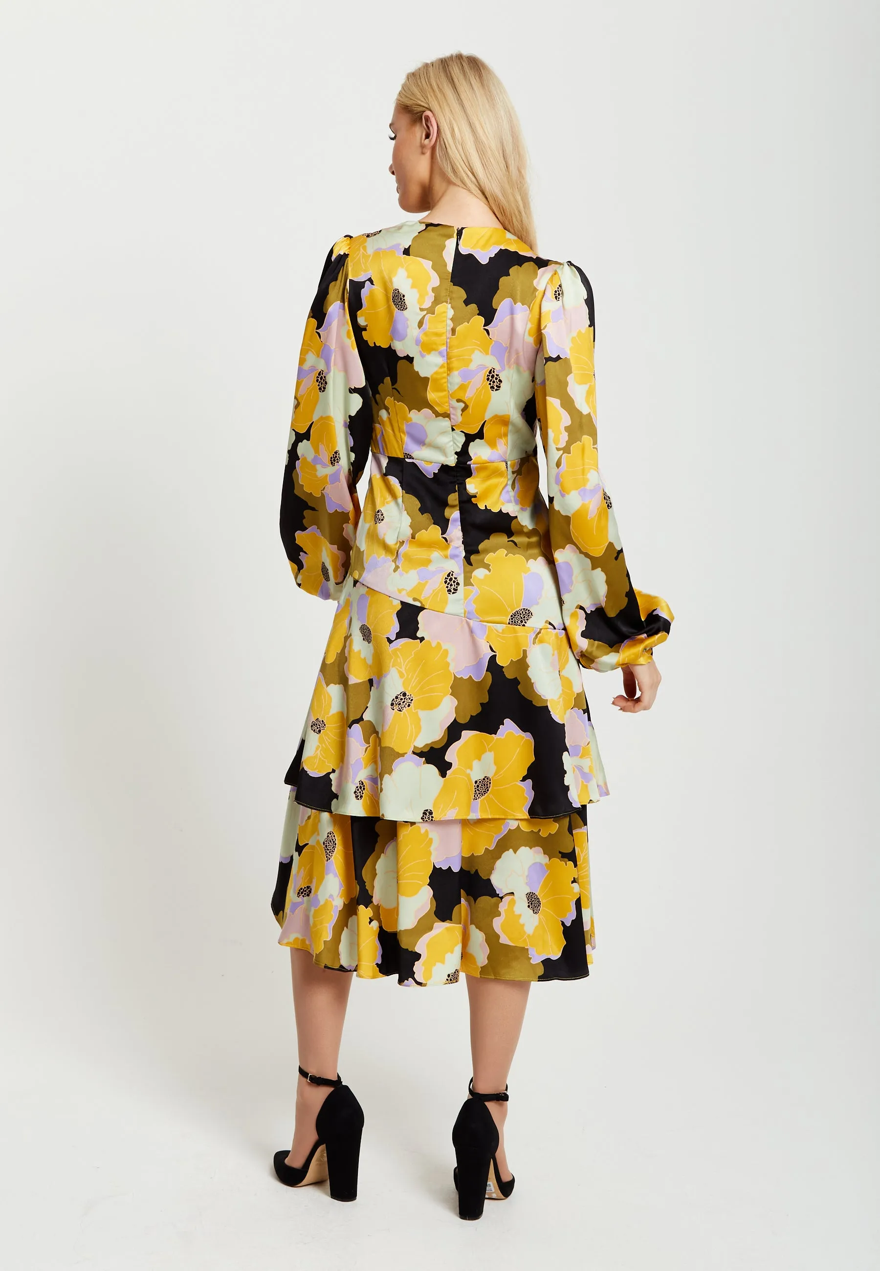 Women's Midi Wrap Dress in Earth Tone Floral with Long Balloon Sleeves & Frill Details - Liquorish