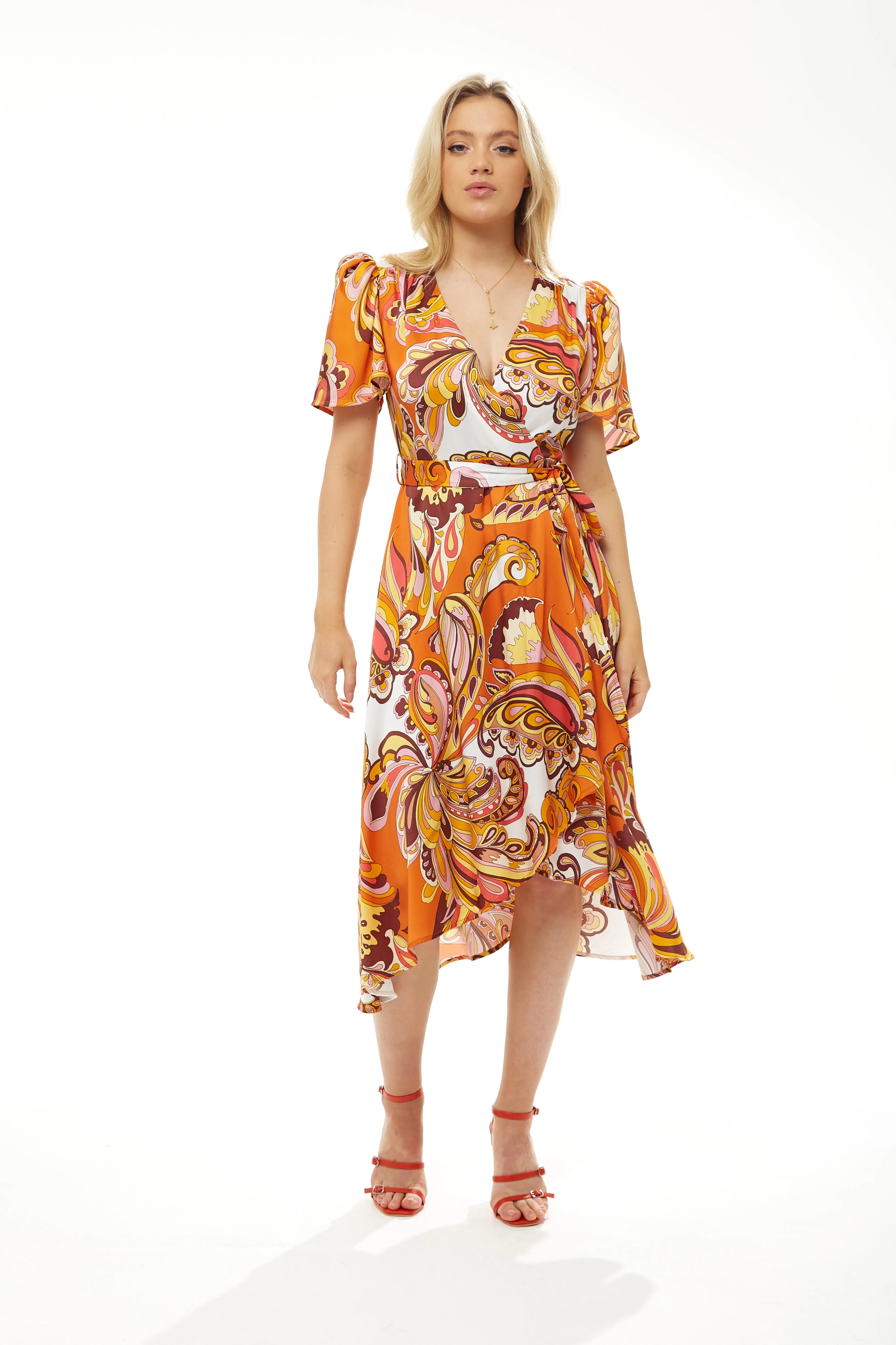 Women's Midi Wrap Dress in Vibrant Orange Floral with Short Sleeves - Stylish Design by Liquorish
