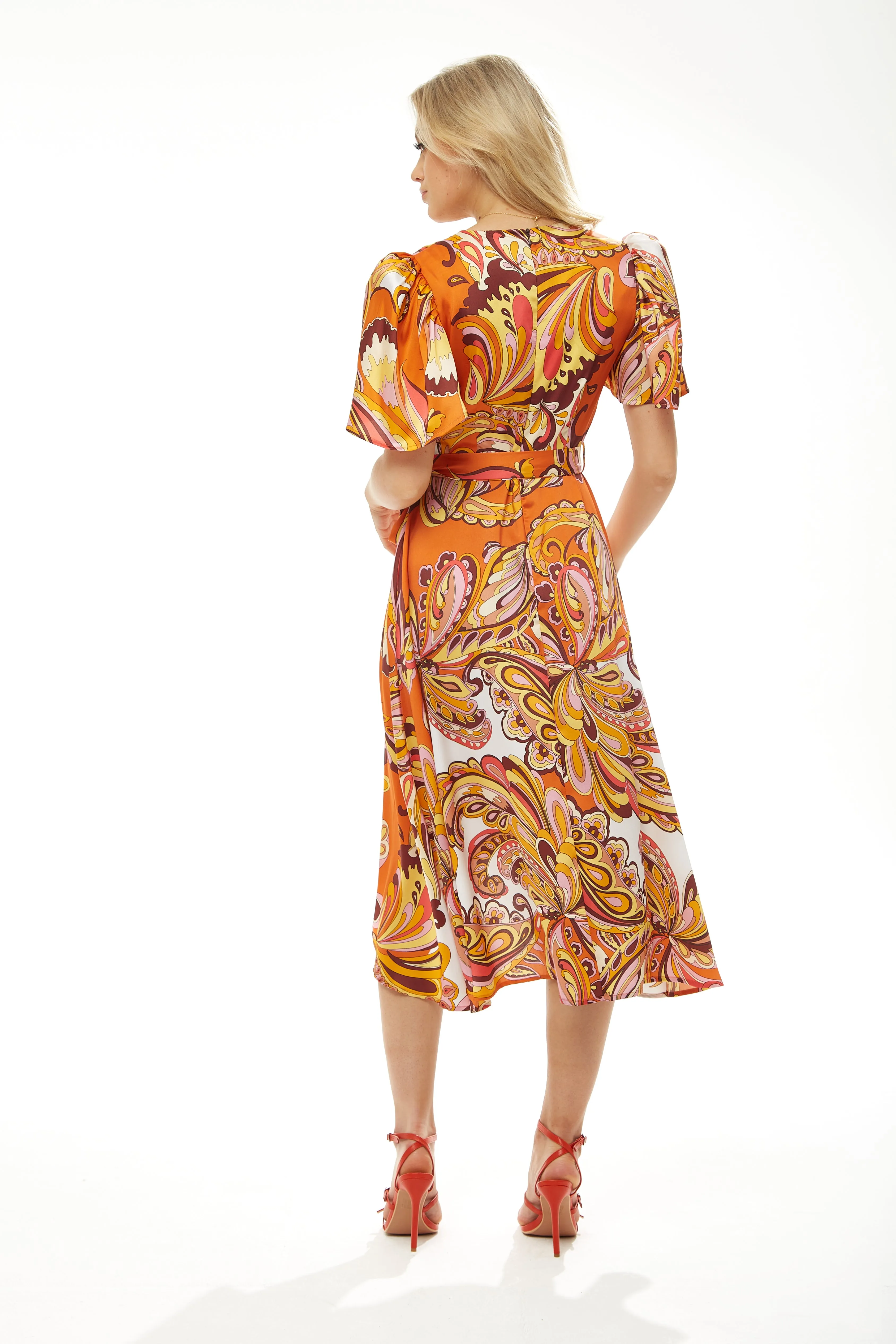 Women's Midi Wrap Dress in Vibrant Orange Floral with Short Sleeves - Stylish Design by Liquorish