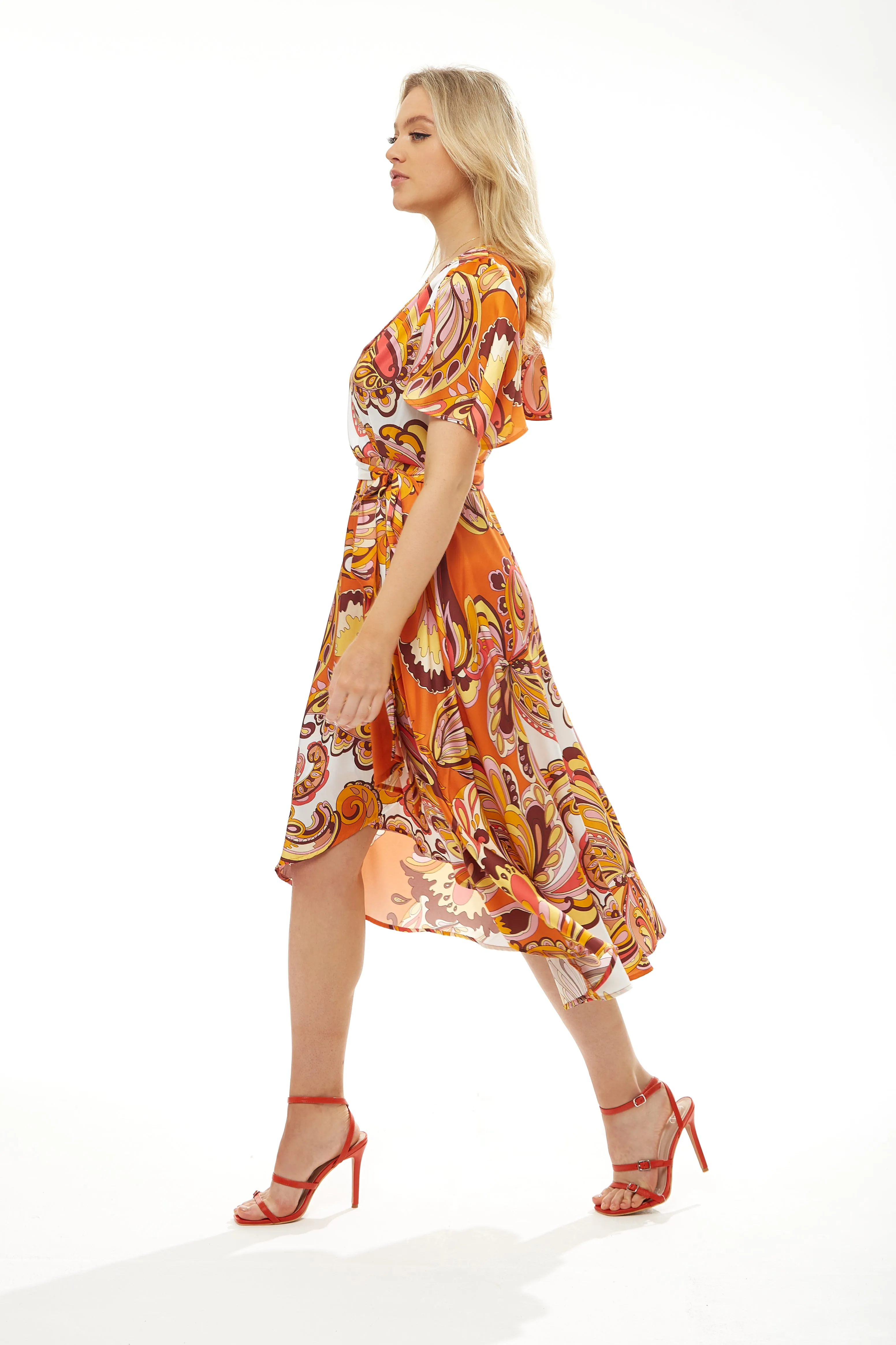 Women's Midi Wrap Dress in Vibrant Orange Floral with Short Sleeves - Stylish Design by Liquorish